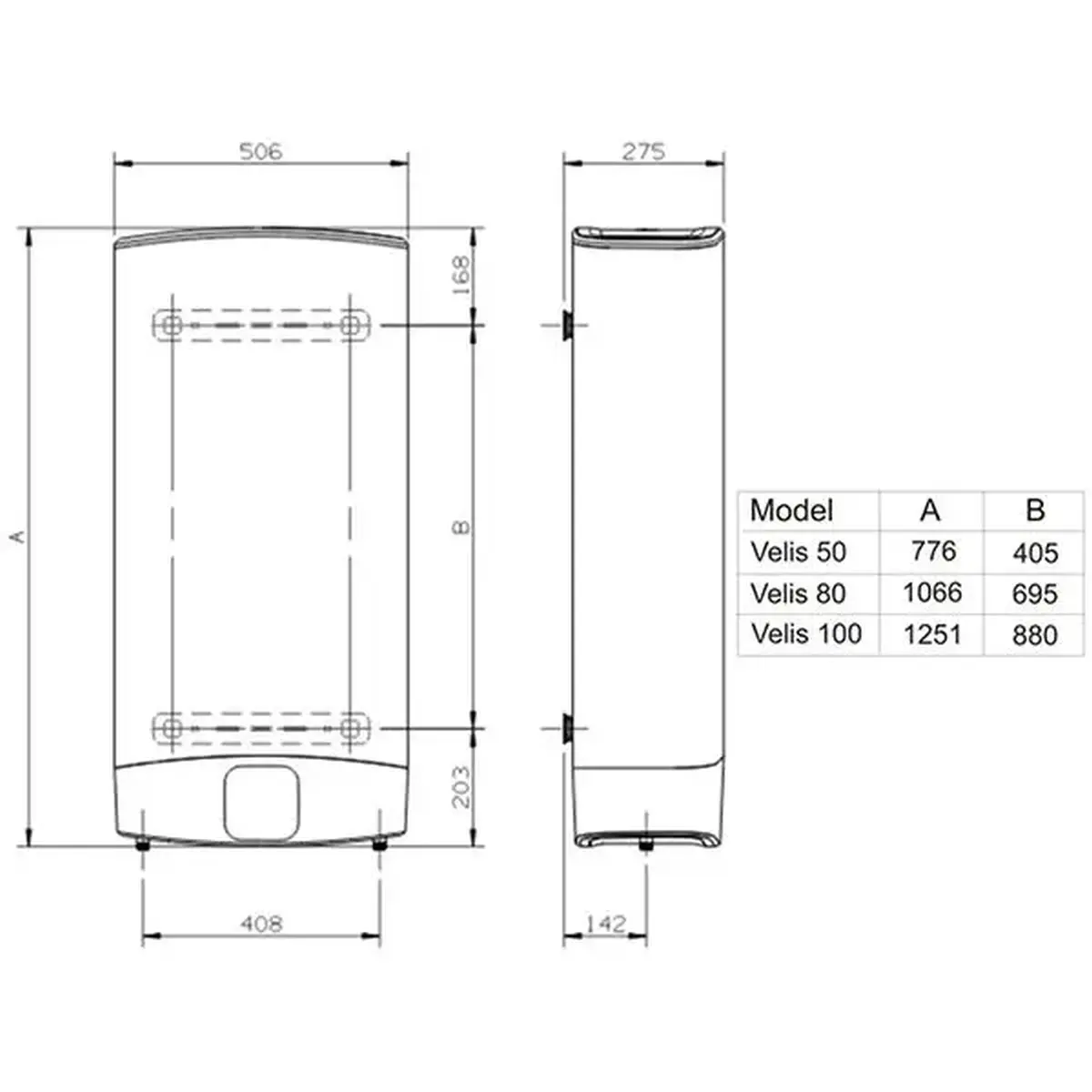 Ariston bojler Velis Tech WIFI 50 80 100 EU 50 80 100 litara sivi tehnicki crtez dimenzije