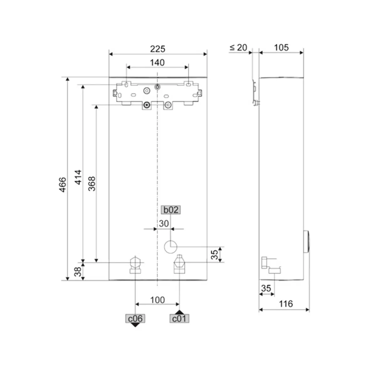 Protočni bojler STIEBEL ELTRON DHB-E 18-21-24 tehnicki crtez dimenzije