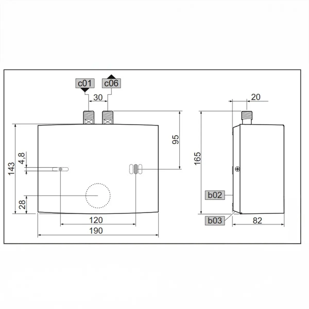 Protočni bojler STIEBEL ELTRON EIL 4 Plus tehnicki crtez dimenzije