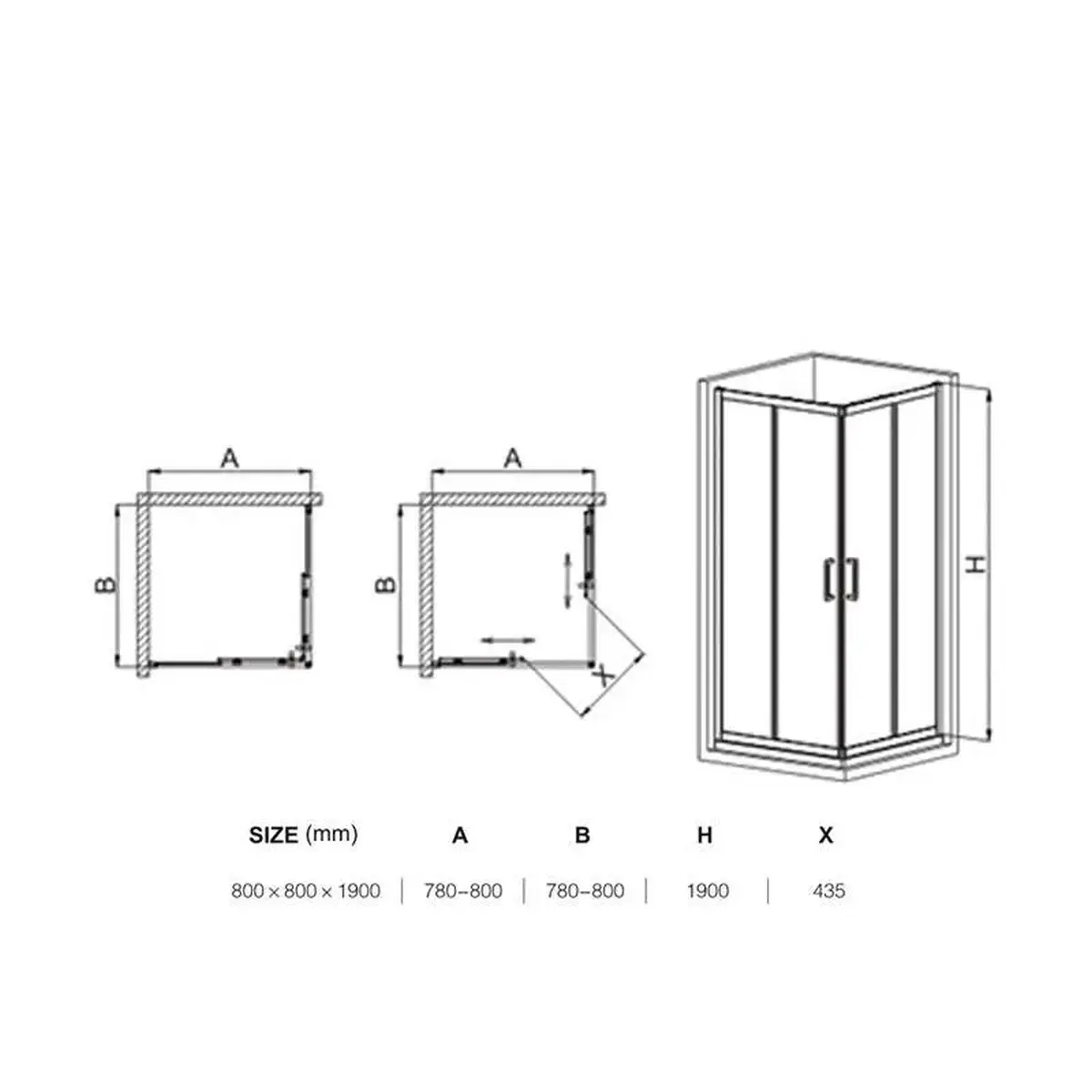 Tuš kabina Pan 80x80 tehnicki crtez dimenzije