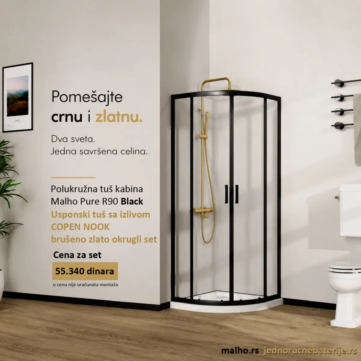 set tus kabina malho pure r90 crna zlatna baterija sa usponskim tusem